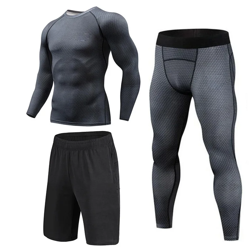 Новые Компрессионные Мужские спортивные костюмы быстросохнущие комплекты одежды спортивный костюм для бега тренировки Спорт Фитнес спортивные костюмы для бега 3 шт./компл