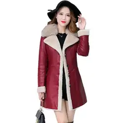 Дубленка Для женщин 2018 зимние кожаные куртки женские Черные и темно-красные туфли барашек пальто меховой воротник Большие размеры теплые