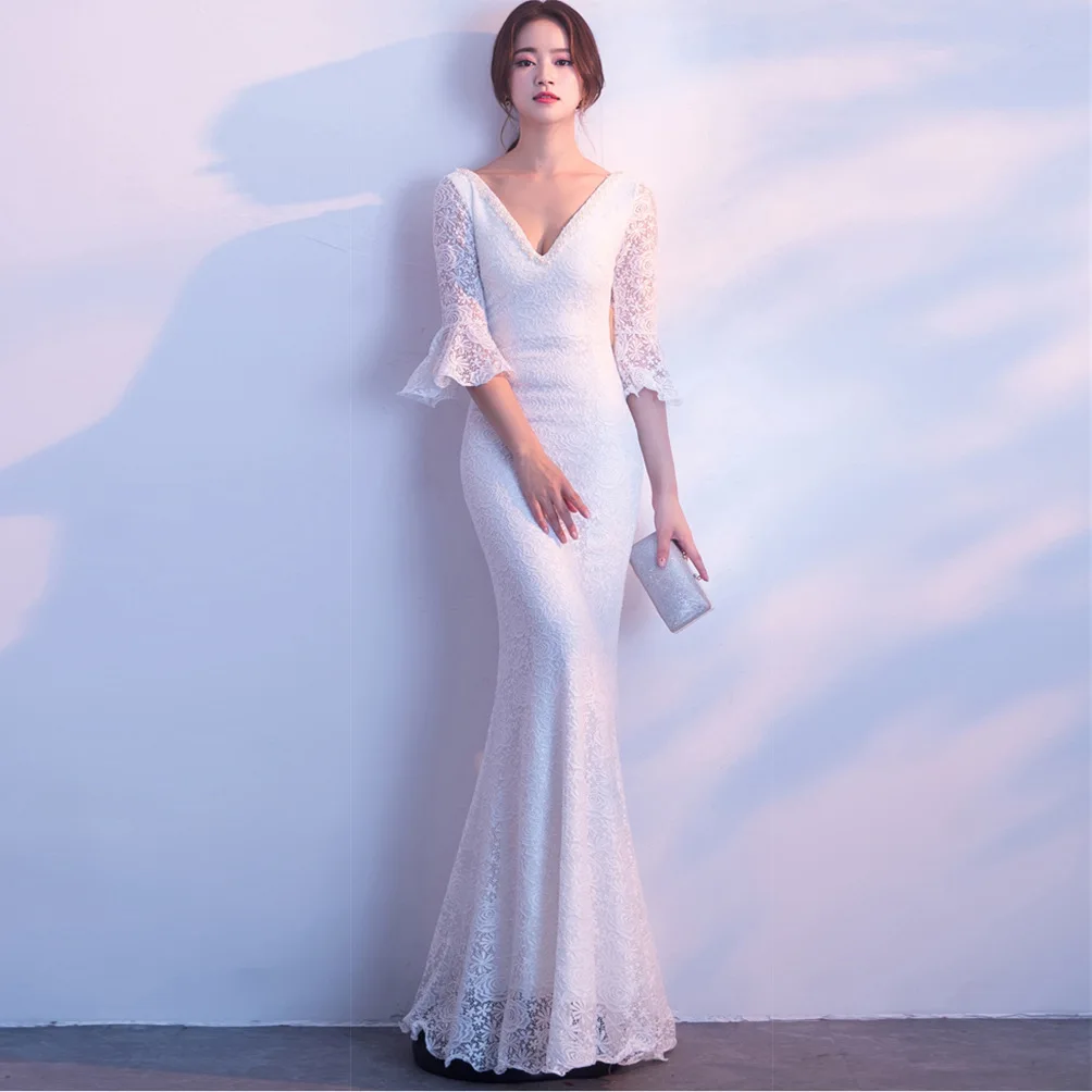 

Women Wedding Sexy Party Dress Female White Lace Flare Sleeve Evening Elegant Bodycon Dresses Womens Club Wear Long Vestidos
