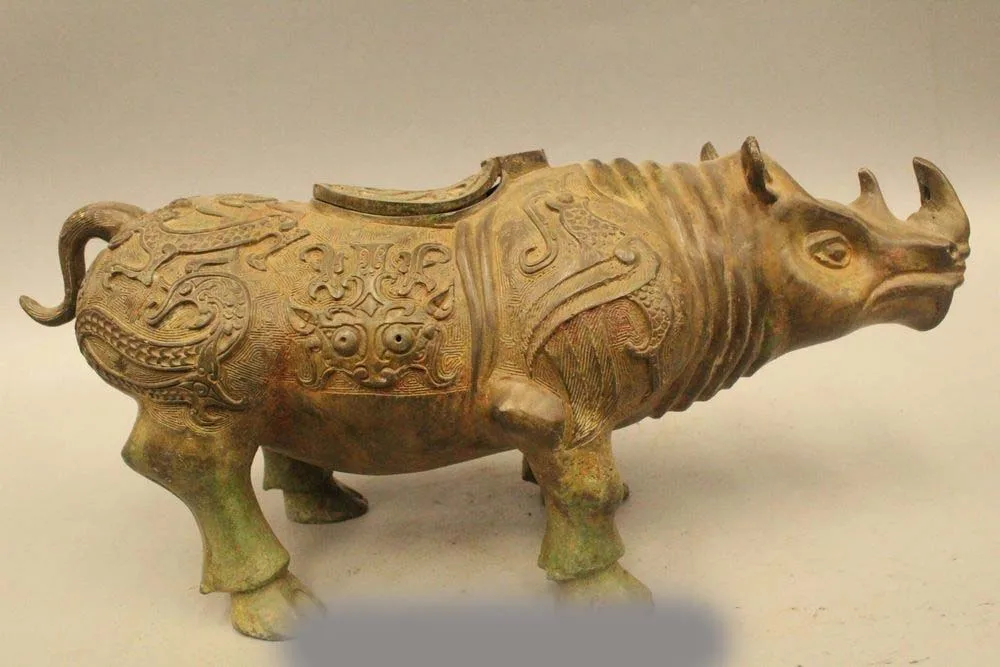 

7" Archaic China Chinese Dynasty Palace Bronze Fu Animal rhinoceros Statue Zun