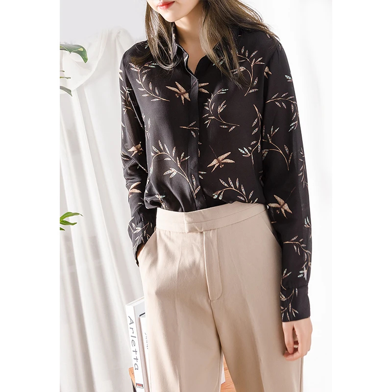  Women Blouse 100% REAL SILK Crepe Printed Blouse Shirt Office Lady Turn Down Collar Blouses 2019 Fa