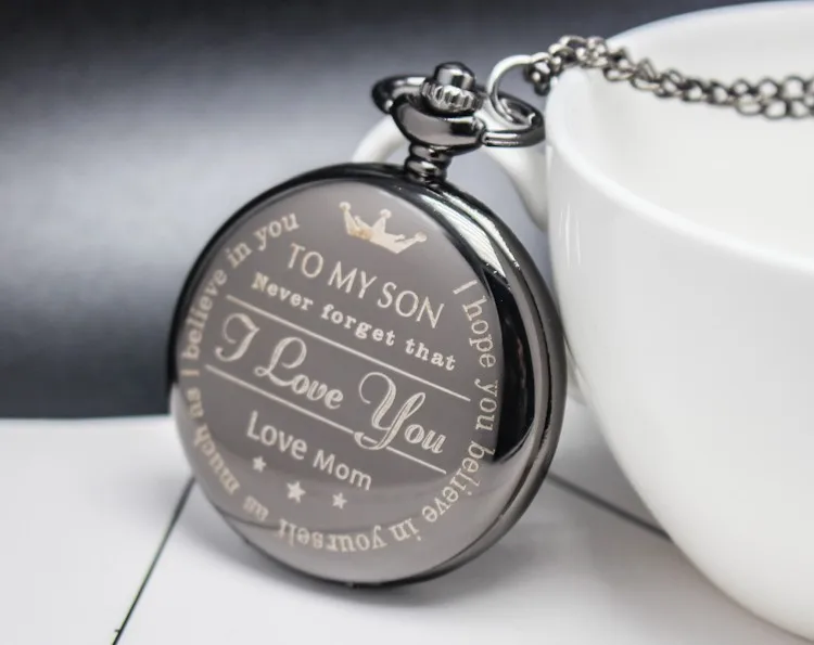 Винтажные подарок от мамы сына "I Love You" кварцевые карманные часы ожерелье Черный часы цепи кулон милый дети Малыш Мальчики Часы