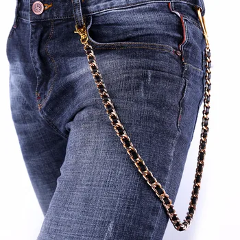 

New Hot Hiphop Mens Pants Chain Belly Chains 68cmWhite Gold Color Cuban Chain With Black Leather For Men Belt Waist 2017 BC2322