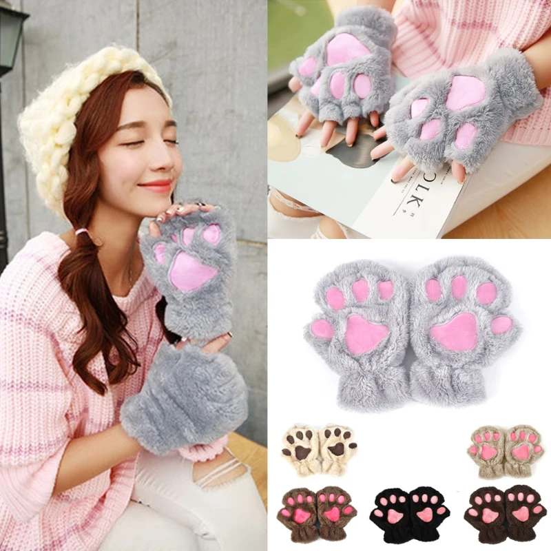 2017 Cute Cat Paw Claw Plush Mittens Warm Winter Women Short Fingerless