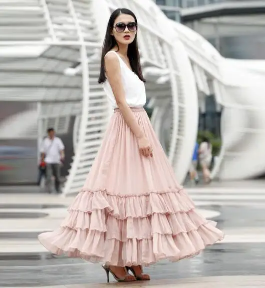 Дизайн, розовая длинная юбка трапециевидной формы, длина до пола, юбка макси с оборками, многоуровневая Женская юбка, персонализированная шикарная шифоновая длинная юбка - Цвет: Розовый