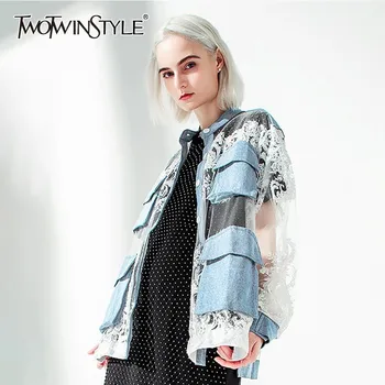 

TWOTWINSTYLE Summer Embroidery Denim Patchwork Women Jacket V Neck Long Sleeve Perspective Button Coat Female Fashion 2020 New
