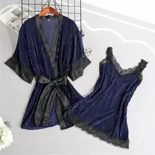 Осеннее женское кимоно, халат, кружевная ночная рубашка с отделкой повседневные ночные рубашки, халат, сексуальный бархатный костюм-двойка, комплект одежды для сна для женщин