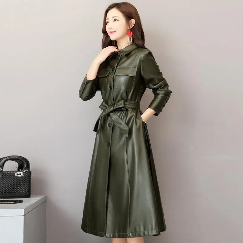 Women Vintage X-long Genuine Sheep Leather Spring Turn-down Collar Single Breasted Plus Size Trench Coats Windbreaker