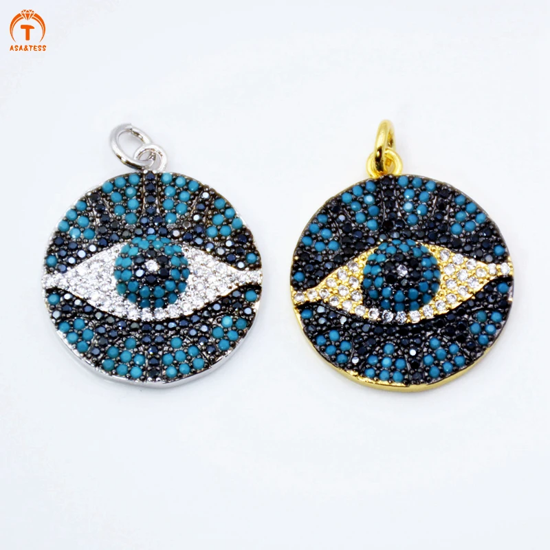 

Large round CZ Evil Eye Micro Pave CZ Evil Eye Pendant with Turquoises stone Cubic Zirconia real silver Gold color plated