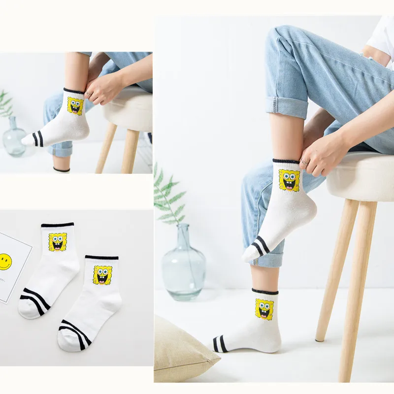 

White Cartoon Character Printed women cotton socks harajuku Stried socks Ladies Fashion Female Cute Unisex Skatebord Socks
