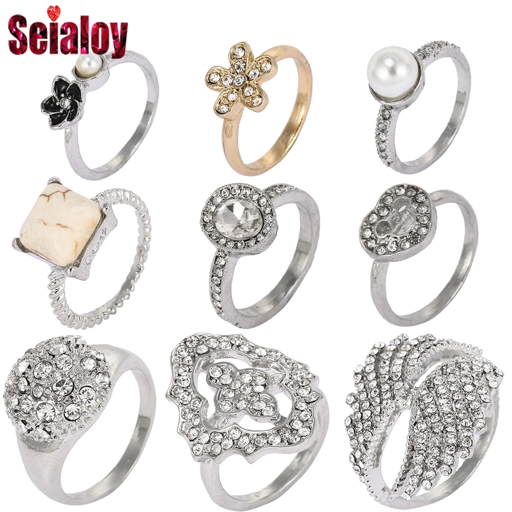 

SEIALOY Silver Mickey Ring Golden Shiny Daisy Ring Retro Ring Pearl Shiny Wings Brands Ring For Women Marriage Gift