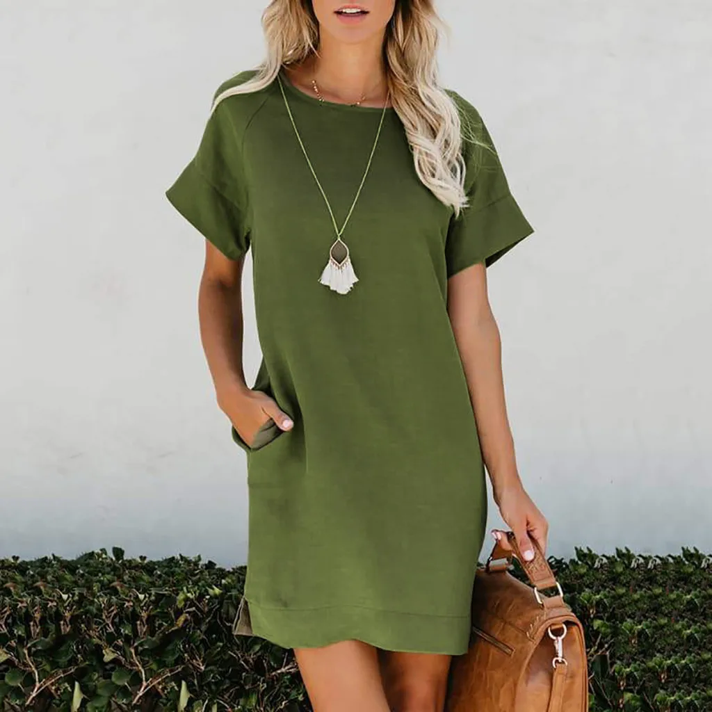 

DRESS Women's Short Sleeve O-Neck dresses ladies Solid sundress Wirh Pockets sukienka damska plus size#M4Y5