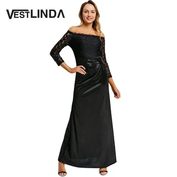 

VESTLINDA Off The Shoulder Draped Maxi Dress Women Evening Elegant Party Dress Female 3/4 Length Sleeve Patchwork Solid Dresses