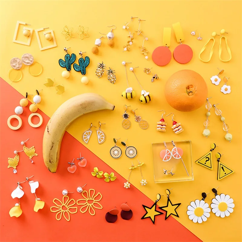 Милые летние оранжевые сережки, корейские милые серьги в виде цветов, фруктов, лимона, ананаса, звезды, серьги «кактус» для женщин, модные ювелирные изделия
