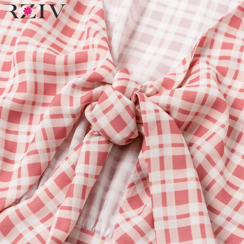 RZIV الصيف النساء اللباس عارضة منقوشة القوس الديكور الخامس الرقبة قصيرة الأكمام اللباس Vestidos
