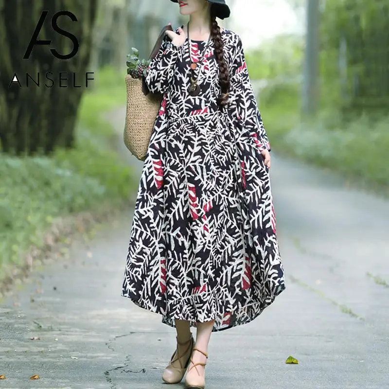 

Women Cotton Linen Dress 2019 Autumn Vintage Maxi Dress Long Sleeve Boho Print Ladies Dresses Plus Size Long Gowns robe female