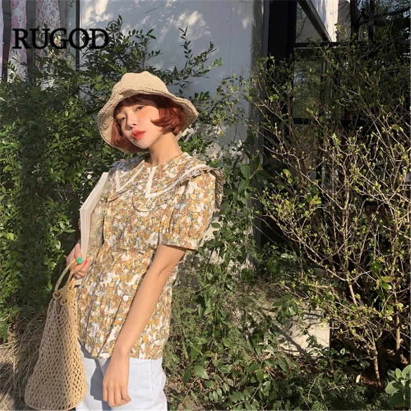 Женская блузка с цветочным принтом RUGOD летняя коротким рукавом и высокой талией в