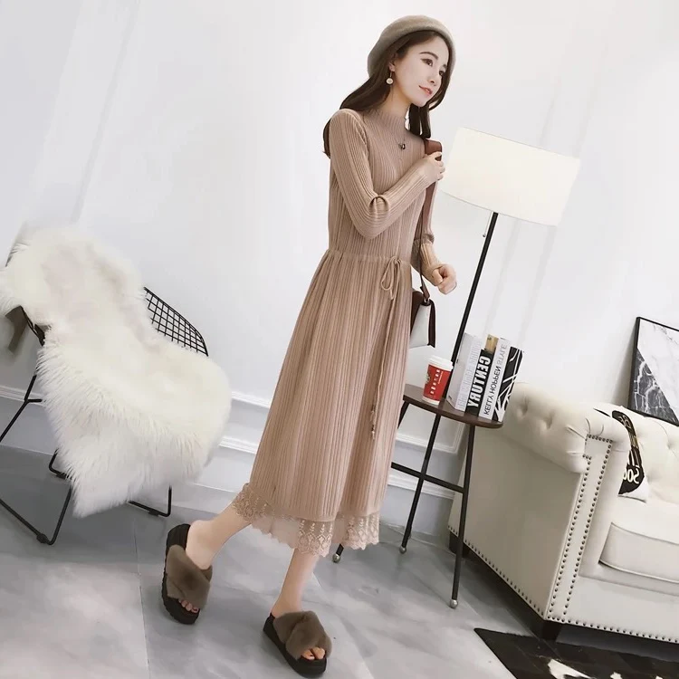 New Knit Midi Dress Women Autumn Long Sleeve Solid Knitting Dresses Female Turtleneck Lace Patchwork Party Dress Casual Clothes