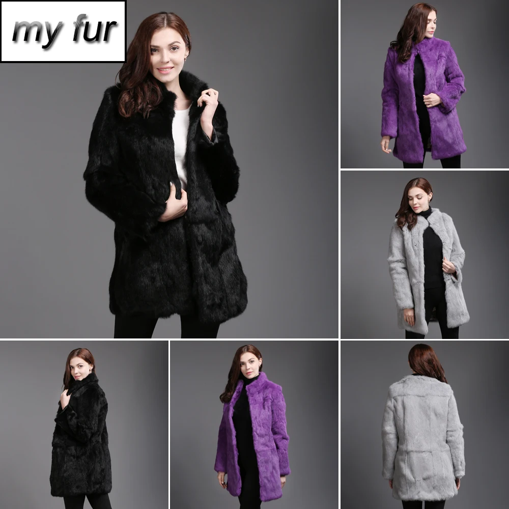 

2019 Winter Genuine Full Pelt Real Rabbit Fur Jacket Women Design Rabbit Fur Coat Standing Collar Slim Real Rabbit Fur Overcoat