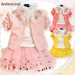 Anlencool/распродажа, Roupas Meninos, бесплатная доставка, брендовая детская одежда, костюм с платьем, комплекты для маленьких девочек, весенний