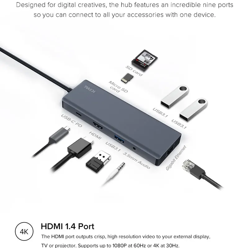 JCPAL USB-C HUB with HDMI 4K USB-C PD Charger 60W Type-C to Multi USB 3.0 USB-C HUB for MacBook