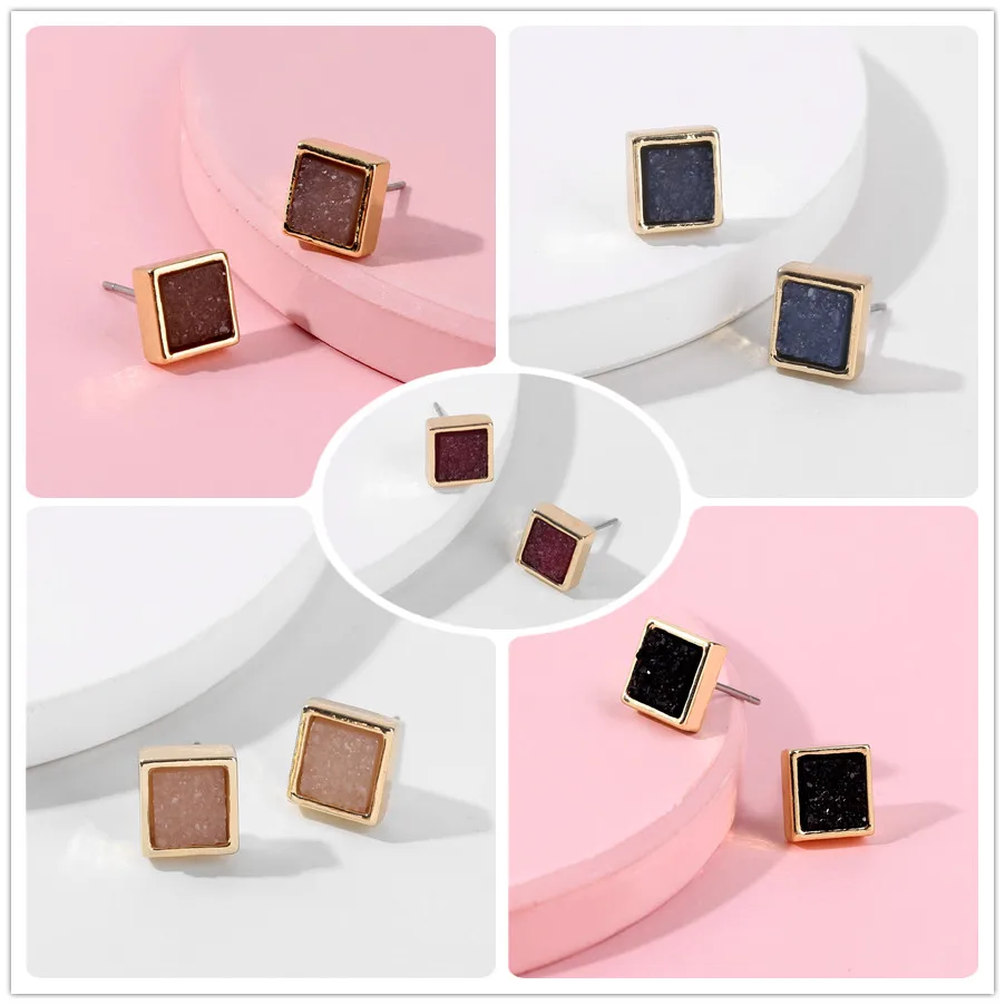 

Trendy Fall Color Mini Square Fake Imitation Druzy Stone Ear Stud Post Earring