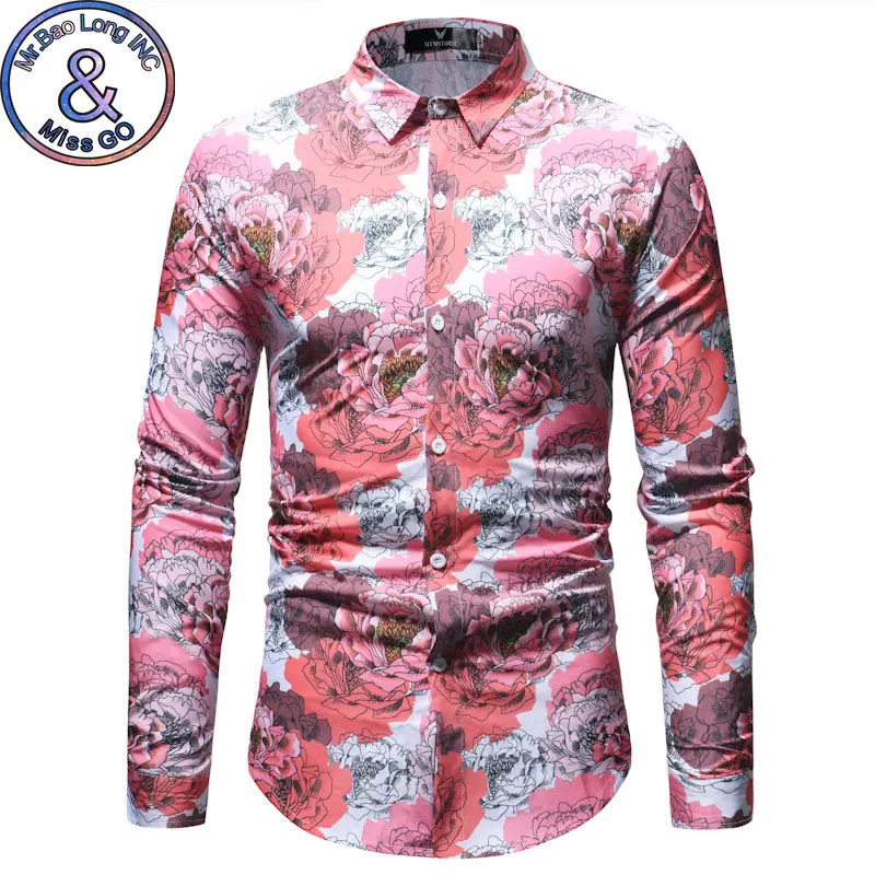 Red Peony Floral Print Shirt Men 2018 Spring Autumn New Slim Fit Long ...