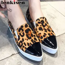 Lenkisen Популярные пикантные леопардовые натуральная кожа средней высоты нижней плоскости на платформе с острым носком без шнуровки Лоферы