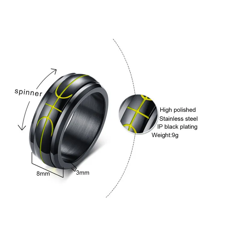 Modyle 2018 New Fashion 8mm Black Basketball Symbol Rotatable Stainless Steel Ring for Man