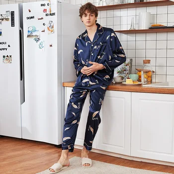 

New Spring Mens Shirt Pants Robe Suit Bath Gown Sleepwear Sets Casual Long Sleeve Top Pajamas Male Home Wear Nightwear L-XXL