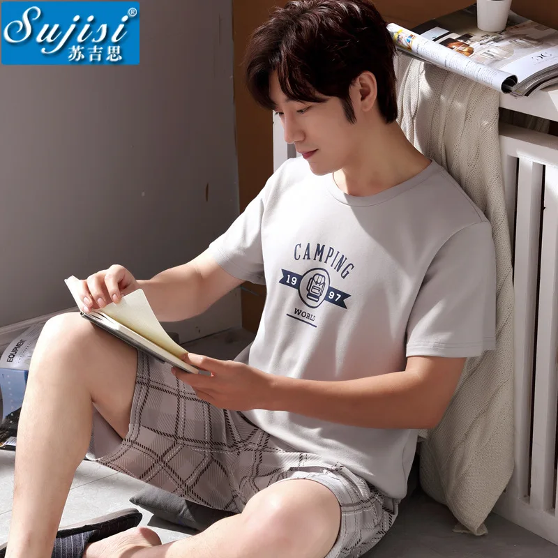 

Men pure cotton Pyjamas Sets T-shirt & grid Shorts Male round collar Pijama Sleepwear Leisure Letter printing Home Clothing