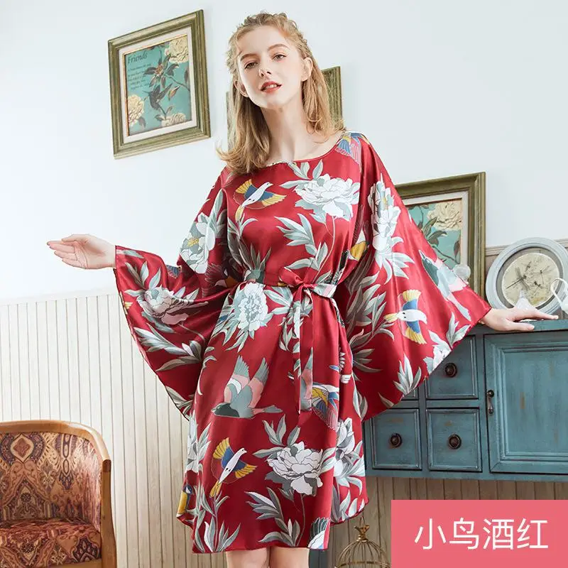 Plus Size Ladies summer Faux Silk Bath Robe Women Rayon Night Gown Round Collar Nightgown Home Wear Nightwear Pijama Mujer - Цвет: C - 1