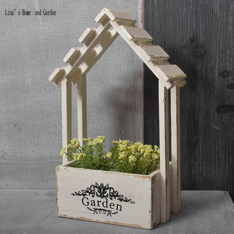 

farmhouse shabby chic white handcrafted wooden planters flower arrangements