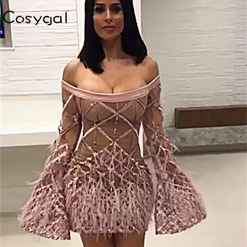 

COSYGAL Fashion New Sequined Feathers Mini Dress 2018 Sexy Strapless Backless Patchwork Dresses Club Party Nightclub Vestidos