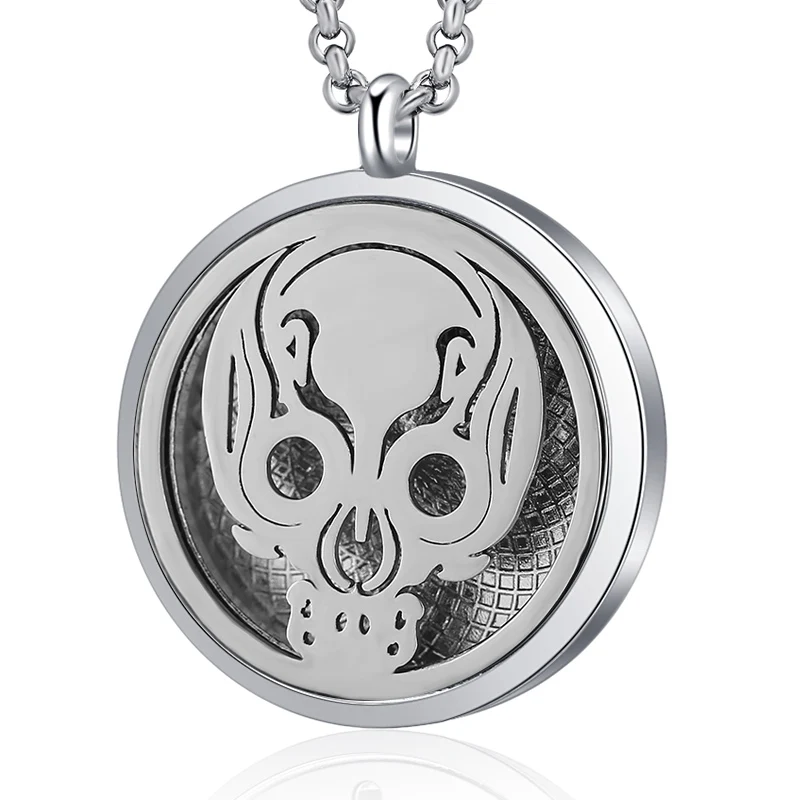

Fashion Aroma Diffuser Skull Necklace Perfume Essential Oils Diffuser Locket Pendant Silver Stainless Steel Aromatherapy Jewelry