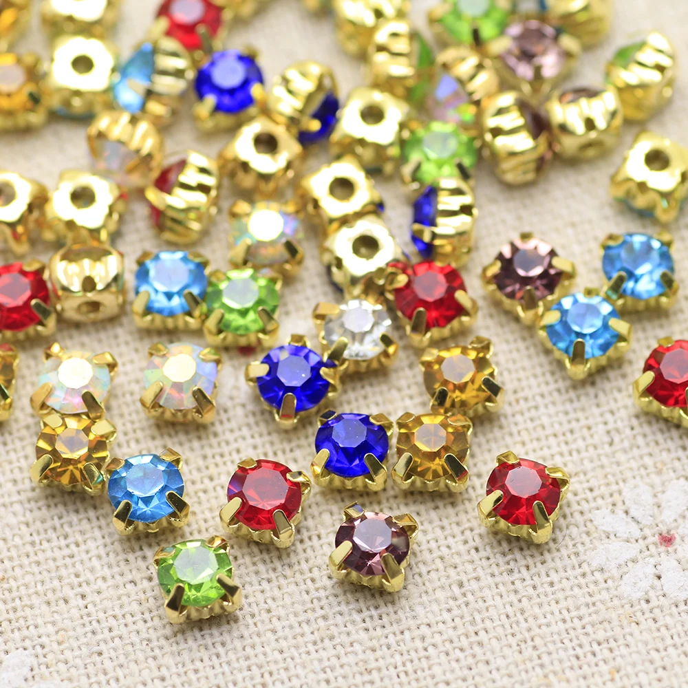 

100pcs 6mm Colorful Mix color Gold Base Sew On Stone With Claws Plated Setting Chatons Crystal Glass Stones Dress Decoration