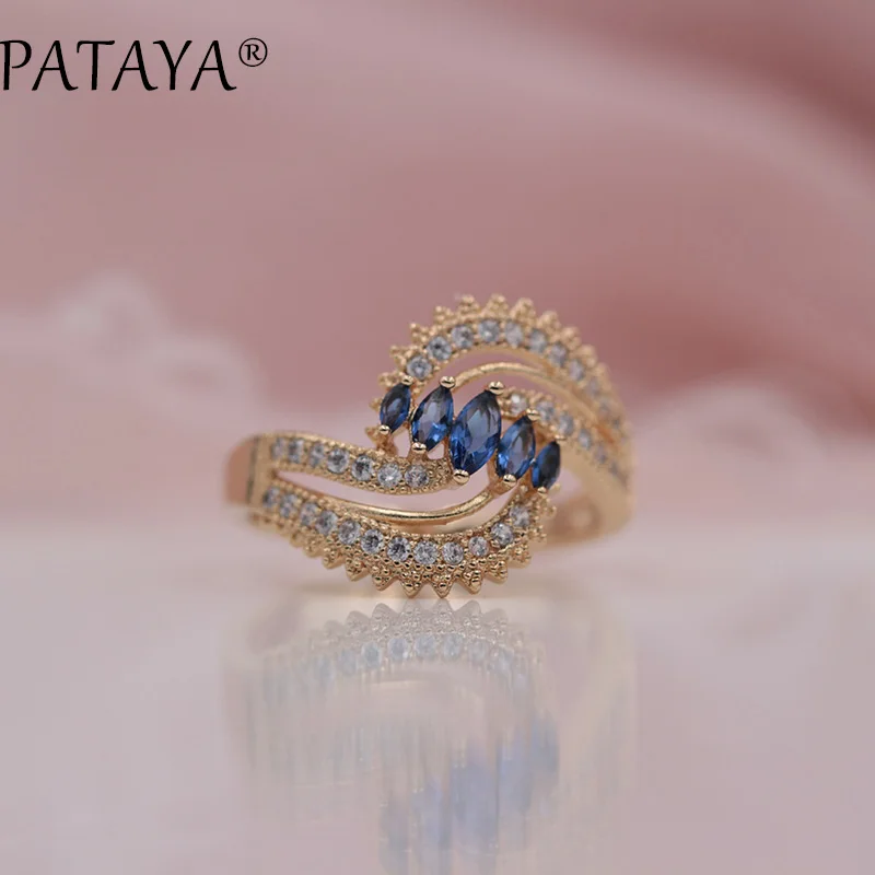 PATAYA New 585 Rose Gold Micro-wax Inlay Pomegranate Red Horse Eye Natural Zircon Rings Women Wedding Party Fine Unique Jewelry