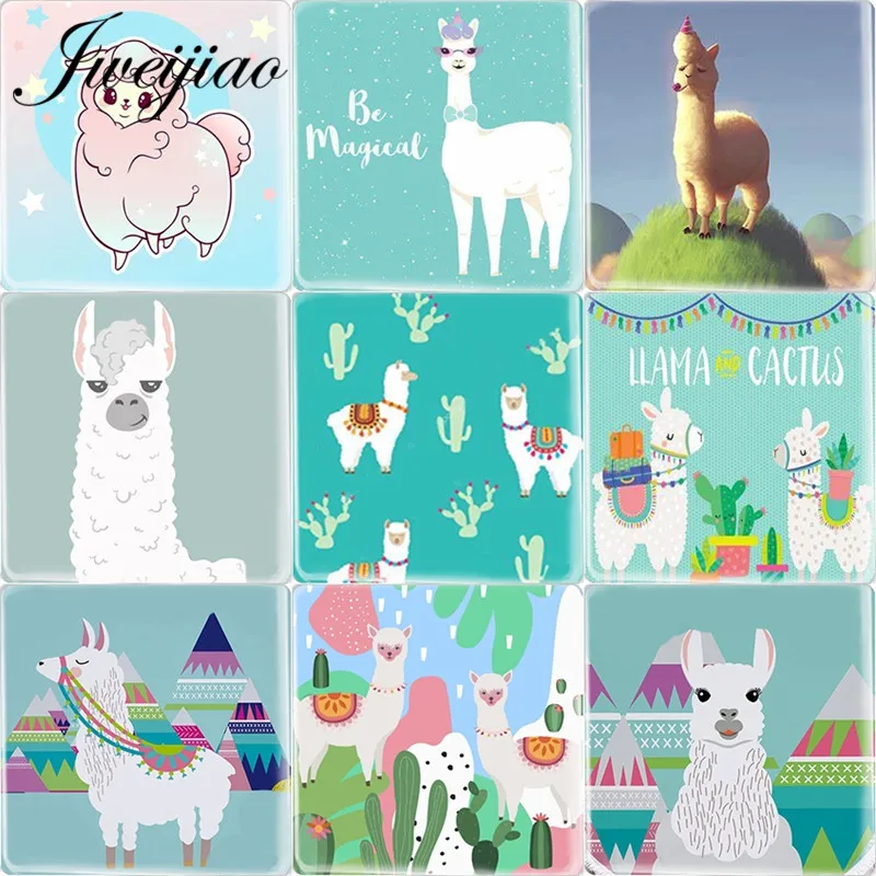 

JWEIJIAO 5pcs 12mm Square White Alpaca Llama Pattern Glass Cabochon DIY Jewelry Findings For Stud Earrings Accessories