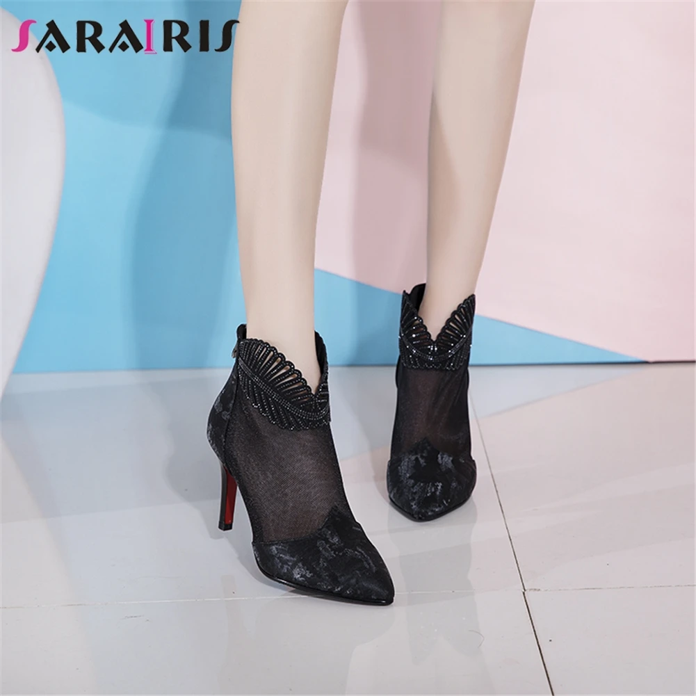 

SARAIRIS 2019 Top Quality Fashion Boots Woman Shoes Zipper High Heels Black Shoes Women Mesh Hot Boots Lady Footwear