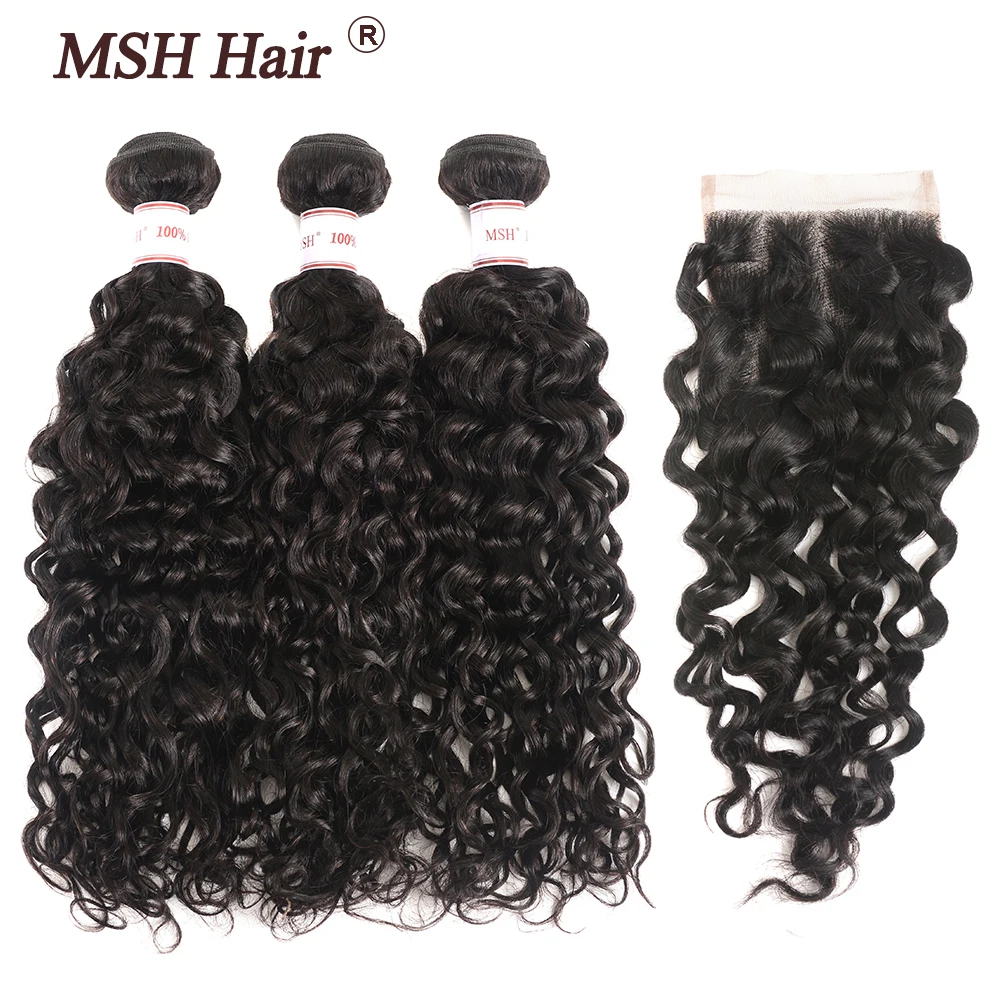 MSH волосы бразильская холодная завивка волос 3 пучка с закрытием натуральный черный не-Remy человеческие волосы пучки с кружевом 4x4 дюймов