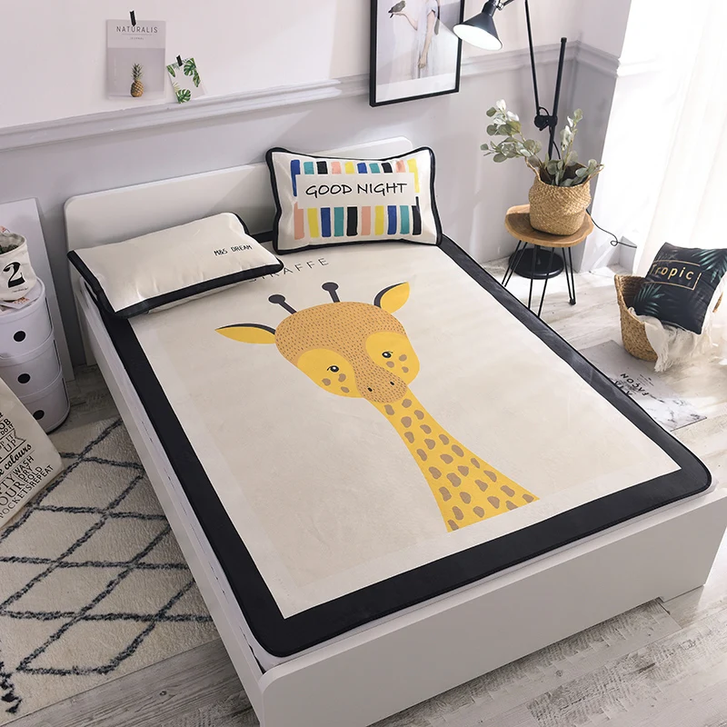 

Nordic Children Summer Bed Mat Washable Students Bed Topper Sheet Ice Silk Mat Animal Giraffe Bed Mattress Protector Cover Set