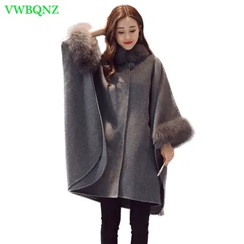 

Plus size Woolen Jacket Women's Autumn Winter New Loose cloak Woolen coat Women Fashion Fur collar Lantern sleeve Overcoat A28