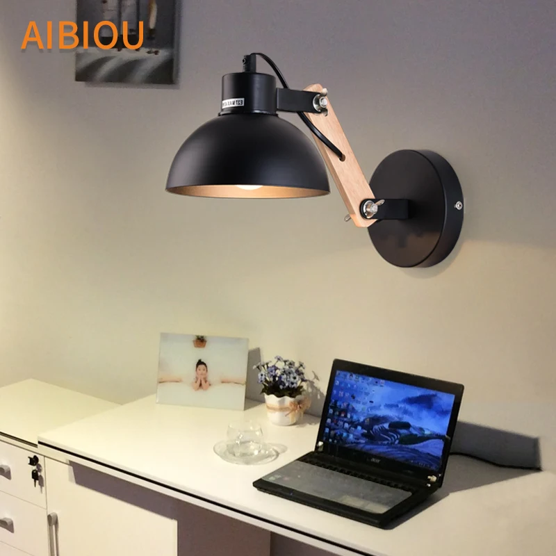 

AIBIOU Ajustable Led Wall Lights For Bedroom Nordic Style E27 Black Wall Sconce Designer Wooden Wall Mounted Reading Light