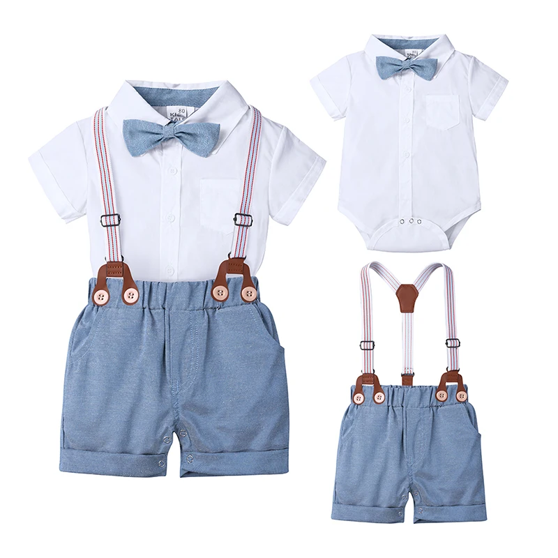Baby Boys and Girls Rompers + Shorts 2PCS Sets Kids White Shirts Clothes with Bow Tie Formal Party Outfits BB233 | Детская одежда и