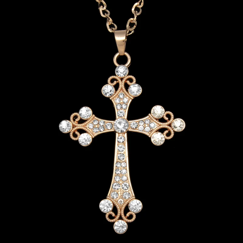Большой серебряный крест, Кристальный, серебряный, со стразами, длинная цепочка, ожерелье для женщин, хип-хоп, модные ювелирные изделия, nke-h77 - Окраска металла: Gold