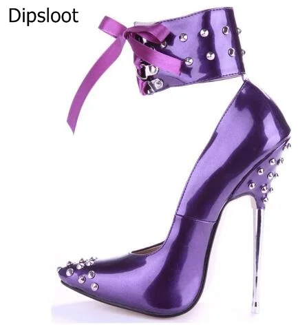 

2018 New women black red pumps 16 cm sexy extreme high heels pumps women pointed toe rivet shoes women Nightclub dance shoes