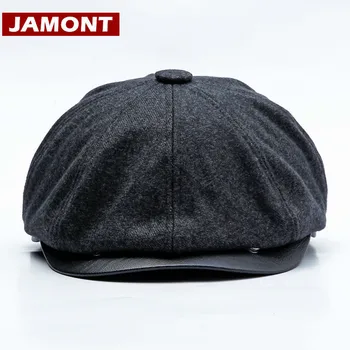 

[JAMONT] 2018 Autumn Winter Cap Warm Plus Velvet Newsboy Cap for Men Women Beret Vintage Bomber Hat Octagonal PU Caps Gorras