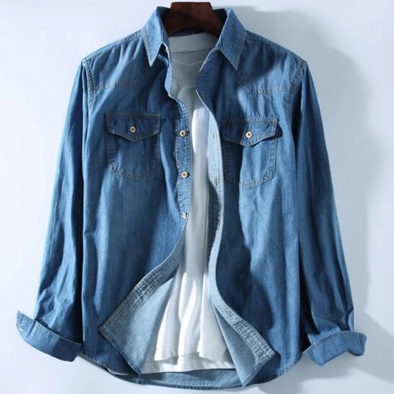 Весна хлопок Мужская джинсовая рубашка с длинным рукавом мягкие тонкие джинсы размера плюс 3XL два передних кармана - Цвет: Синий