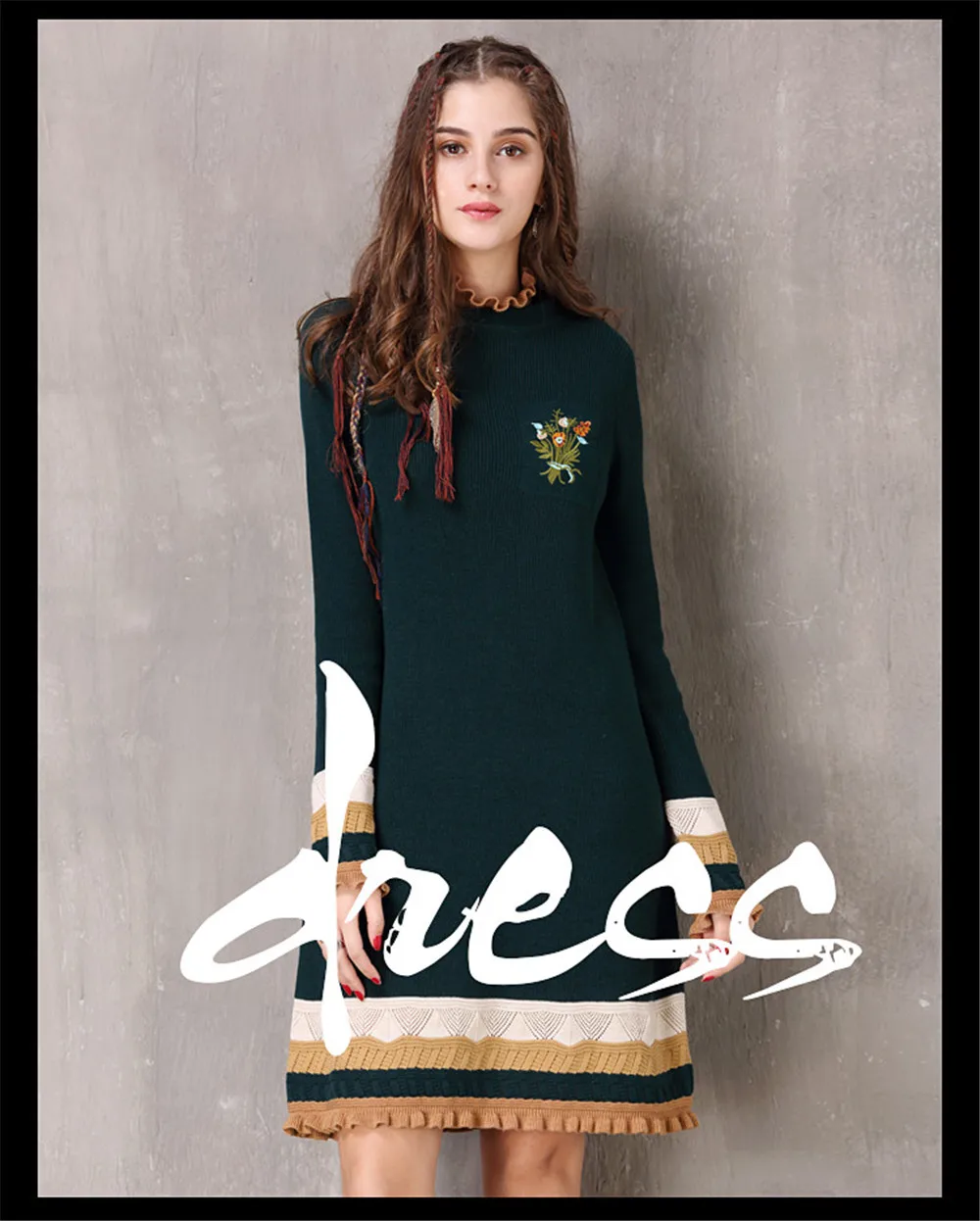 Vintage Winter Sweater Dress Women Green Casual Elasticity Cotton Dresses Autumn Knitting Ruffles-Neck Long Sleeve Dresses (6)