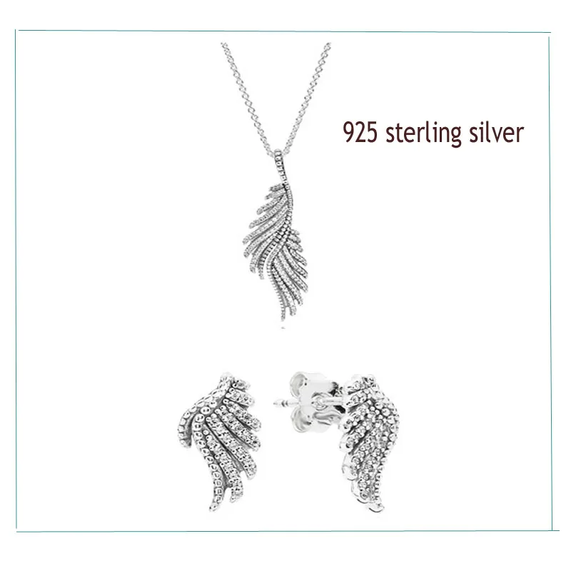 

100% 925 Sterling Silver Sets Shiny Feather Necklace & Ear Studs With Clear Zircon DIY High Quality Jewelry Drop Shipping